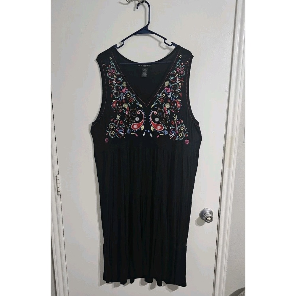 Design History Embroidered Maxi Dress 2X Black V Neck Tiered Boho Resort Cruise